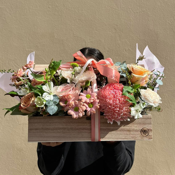 Pandora Rustic wine box with fresh flowers Little Love Co Florist