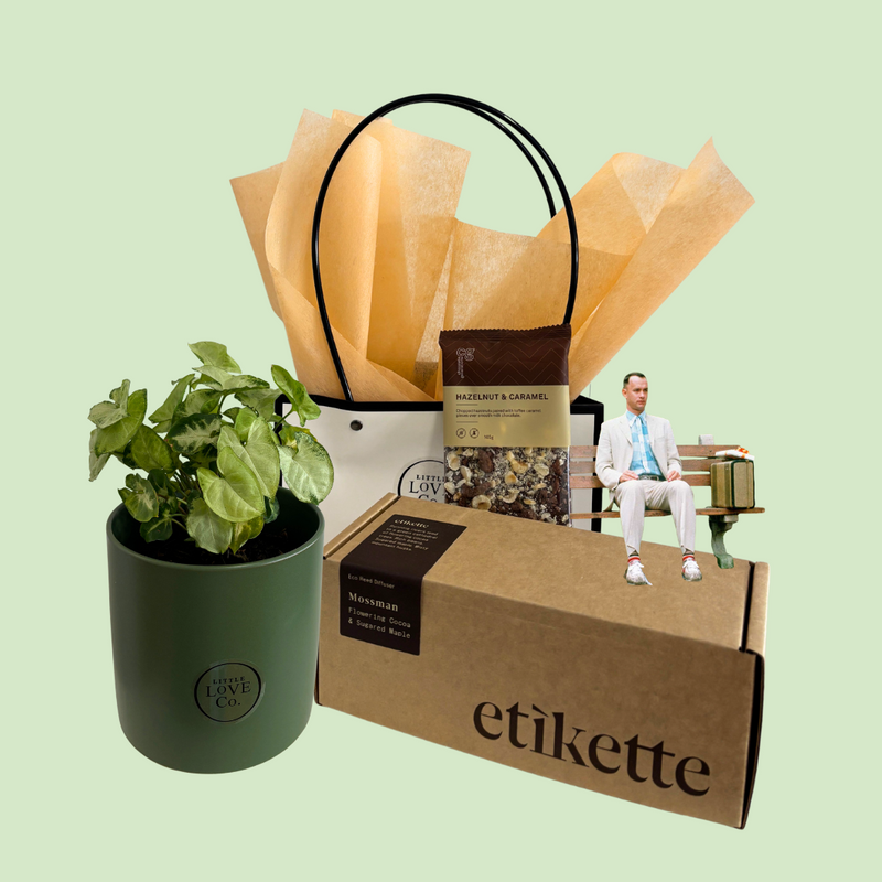 Gift set with a plant, bag, and box labeled 'etikette' on a light green background