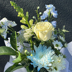 Bouquet of flowers with a white rose and blue and white chrysanthemums on a dark background